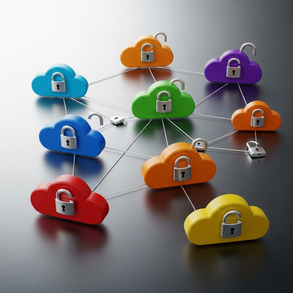 Illustration of interconnected colorful clouds, each featuring a padlock, connected by lines in a sleek modern design representing securing multi-cloud environments.